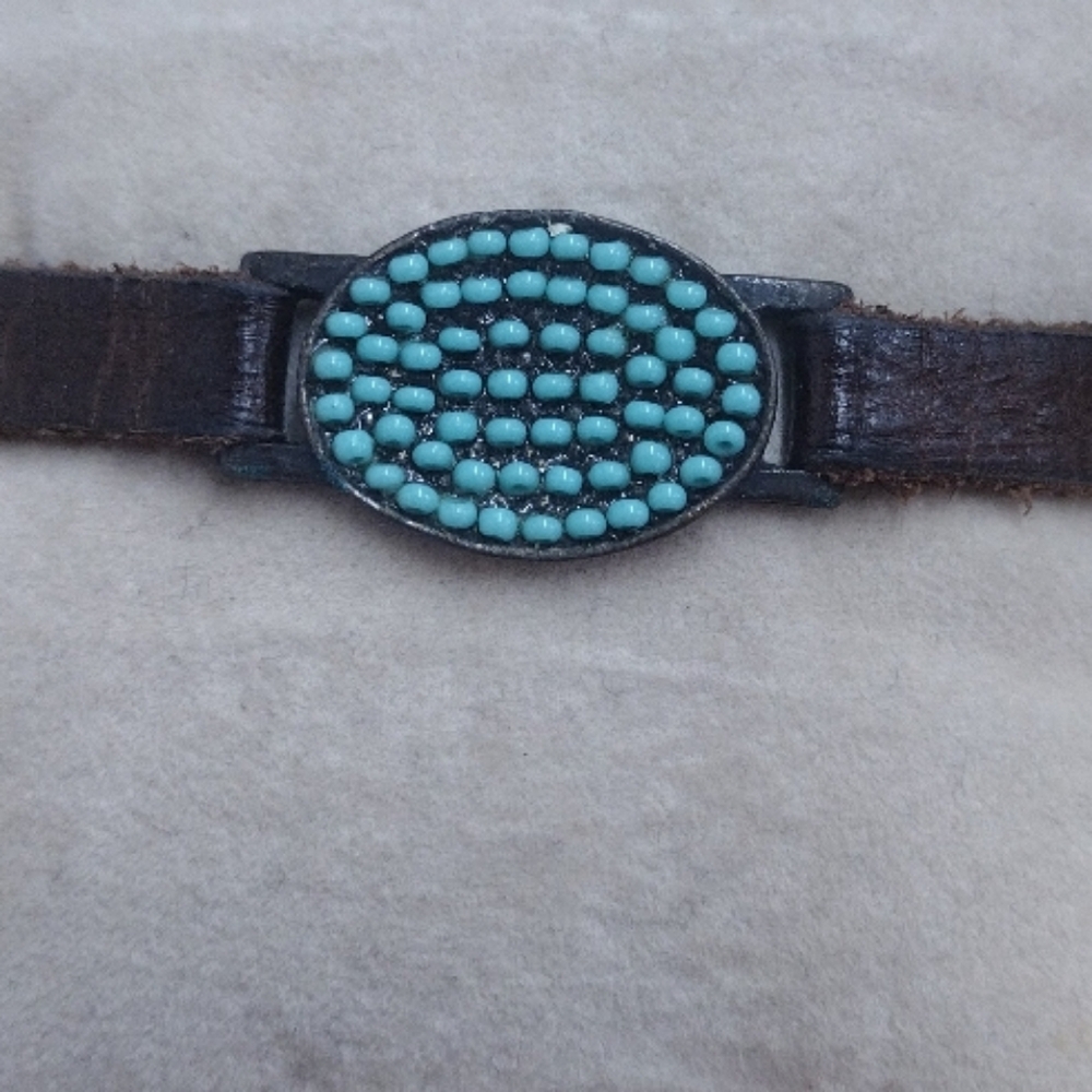 Rebel Designs Turquoise Beaded Black Leather Belt Bracelet